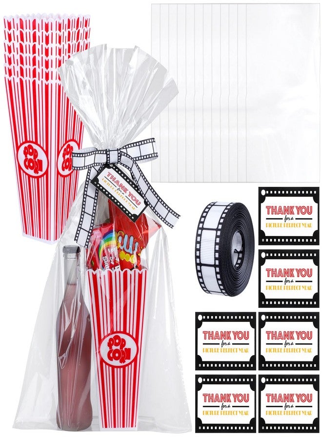 Engrowtic 6 Sets Movie Night Popcorn Plastic Bucket Gifts Basket 4''x8'' Plastic Movie Night Popcorn Empty Box Containers Cellophane Wrap Bag with Gift Card and Filmstrip Ribbon for Teacher Gift - Image 1